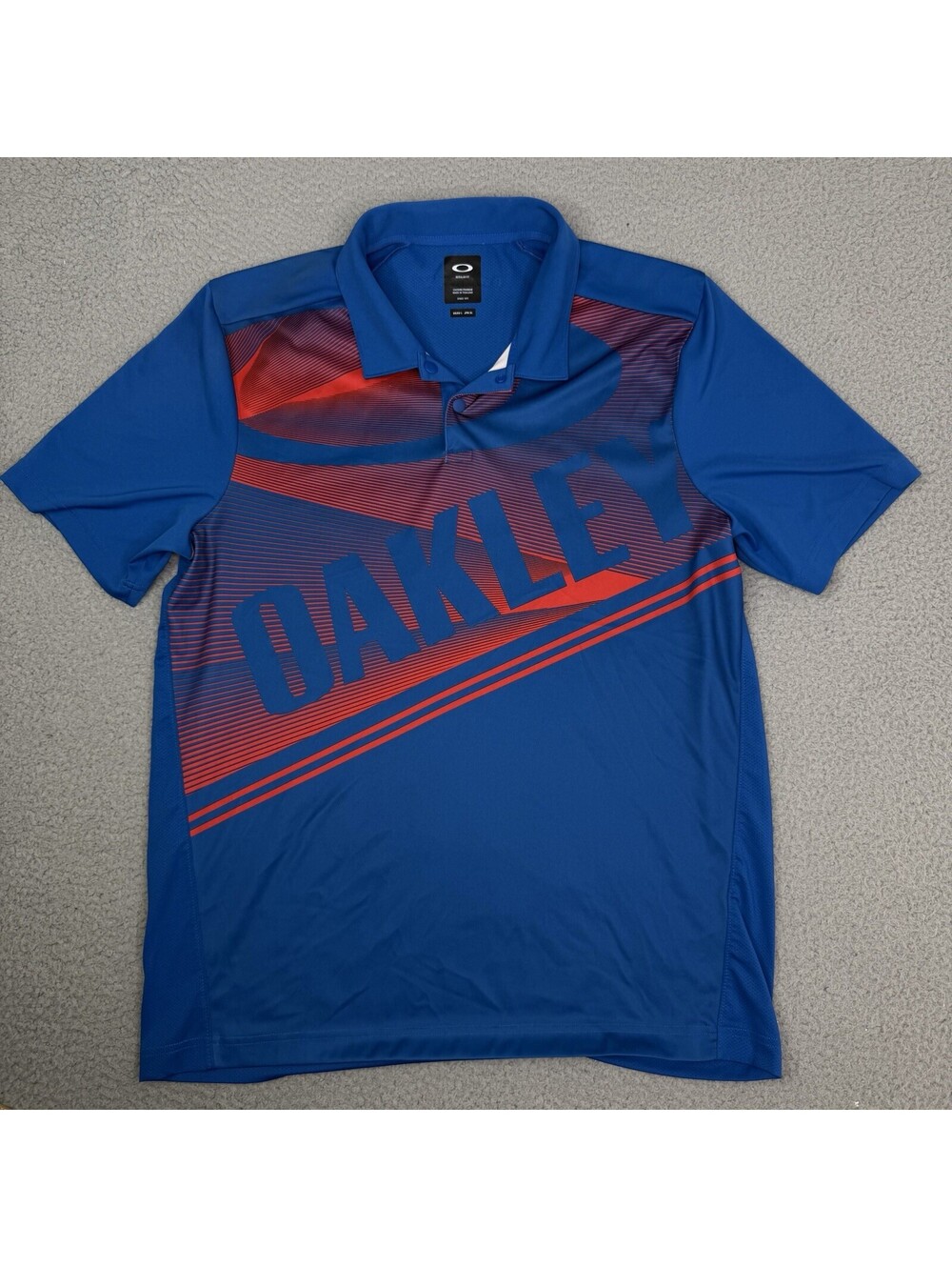 Oakley Mens Polo Shirt Large Regular Fit Blue Big Print Stretch Golf Top - Picture 2 of 9